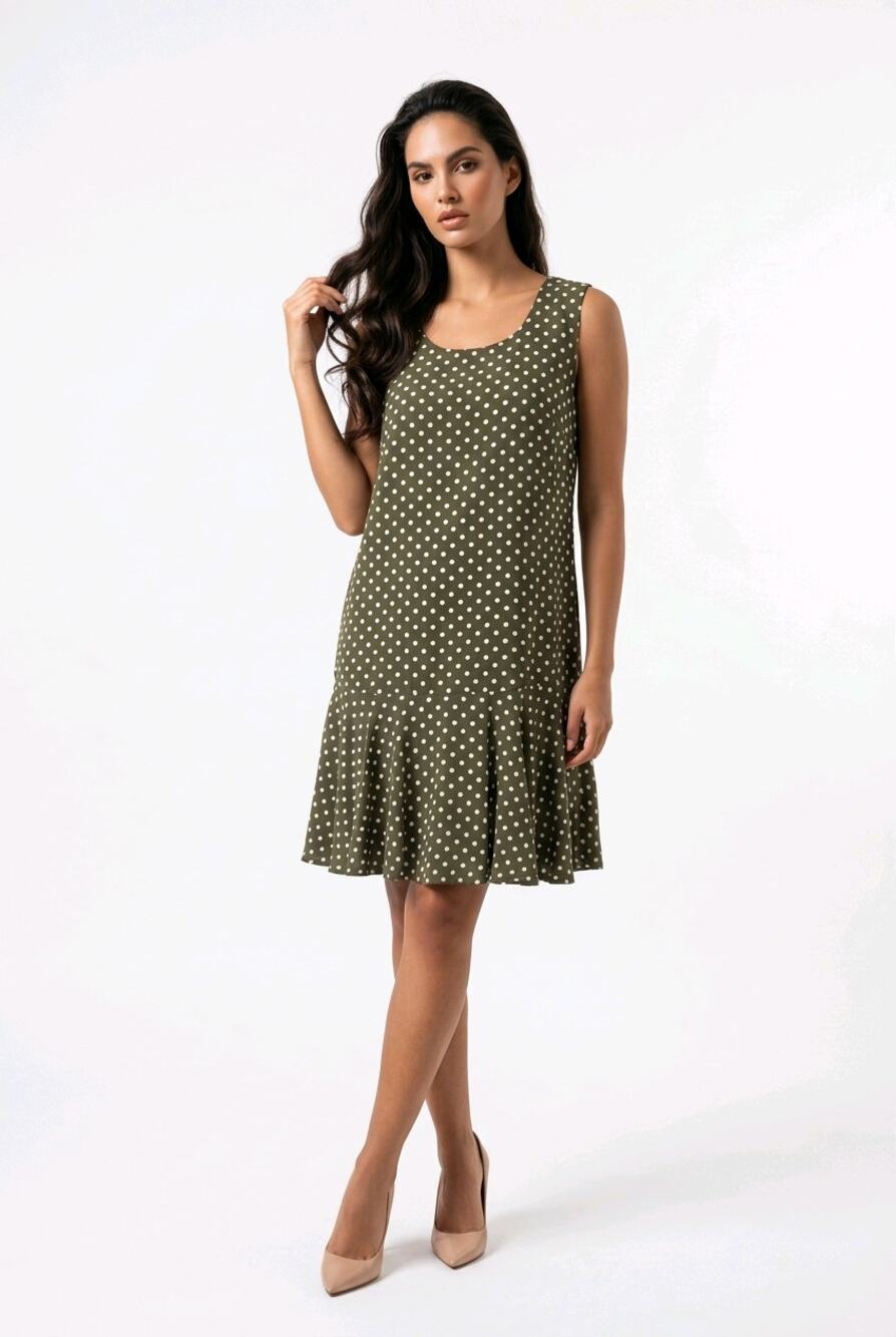 Vintage BGB LTD USA Olive Green White Polka Dot Drop Waist Flounce Dress Sz 14